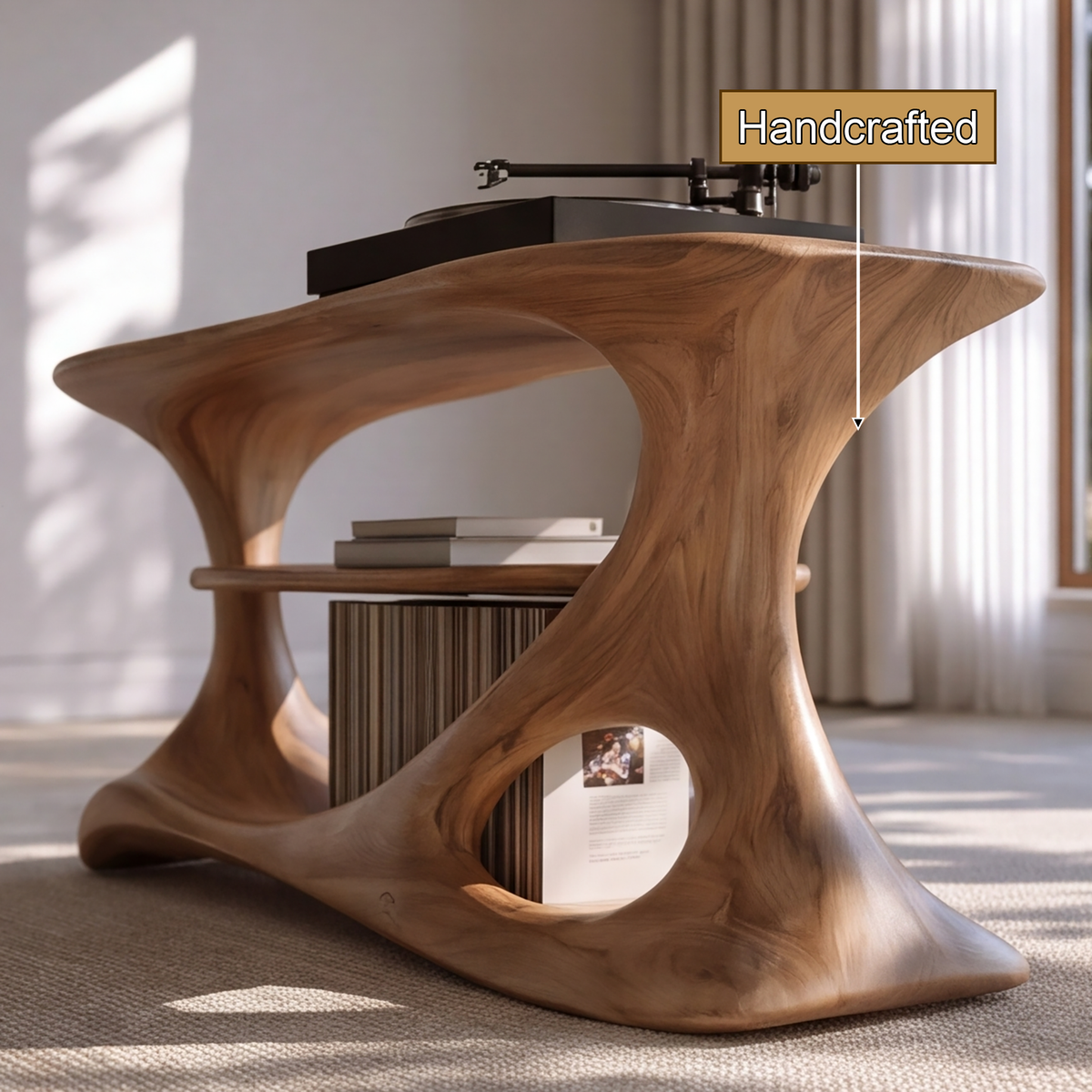 Caevorin Flowing Sculpted Handcrafted Record Player Stand With Storage - Timberustic Record Player Stand With Storage