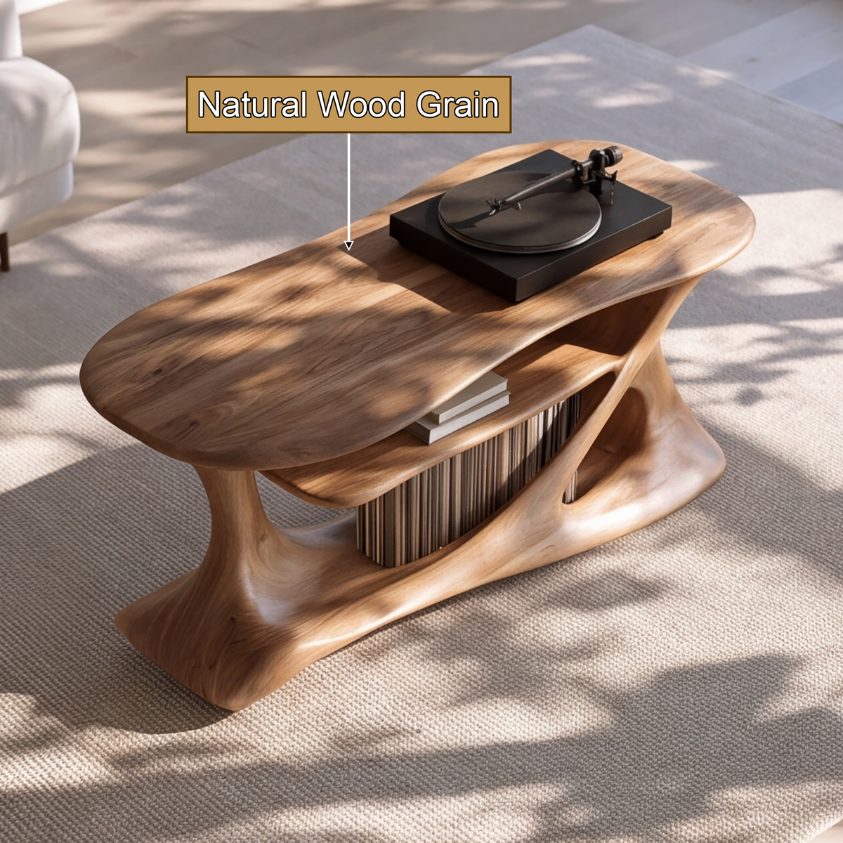 Caevorin Flowing Sculpted Handcrafted Record Player Stand With Storage - Timberustic Record Player Stand With Storage