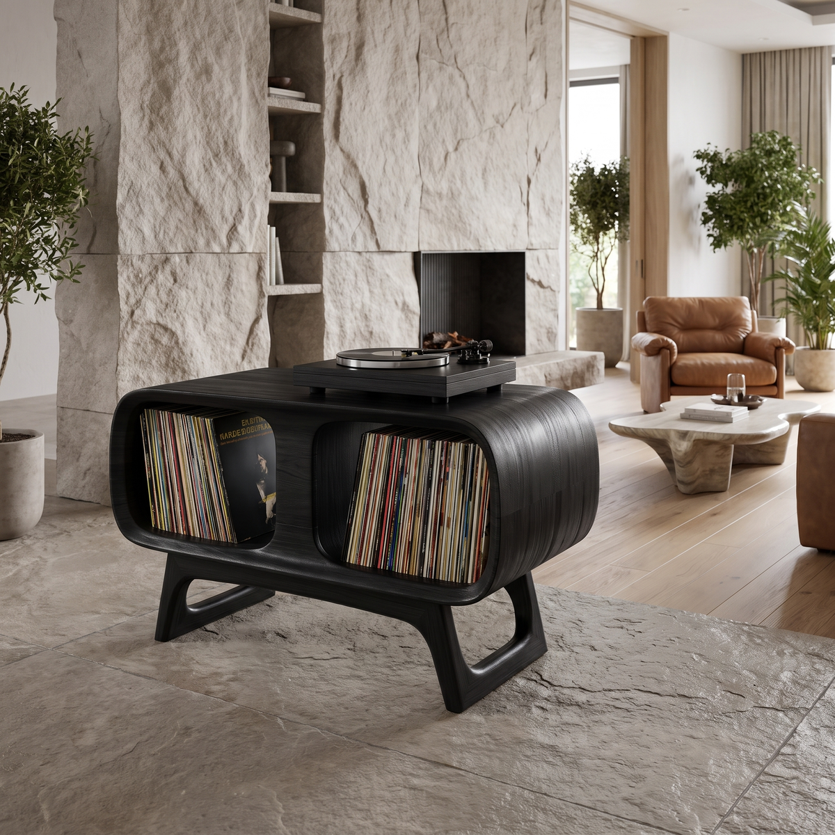 Caldova Sculpted Rounded Frame Handcrafted Record Player Stand With Storage Black - Timberustic Record Player Stand With Storage
