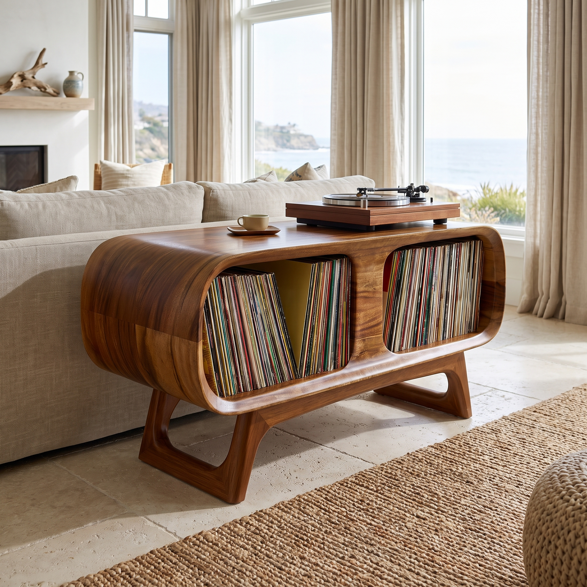 Caldova Sculpted Rounded Frame Handcrafted Record Player Stand With Storage Brown - Timberustic Record Player Stand With Storage