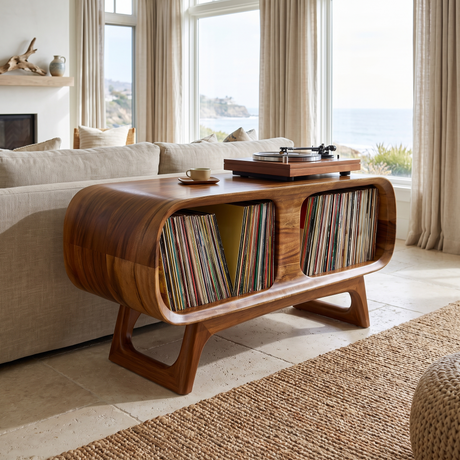 Caldova Sculpted Rounded Frame Handcrafted Record Player Stand With Storage Brown - Timberustic Record Player Stand With Storage