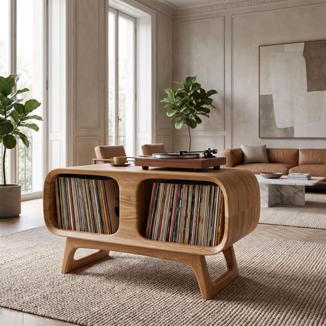 Caldova Sculpted Rounded Frame Handcrafted Record Player Stand With Storage Natural Oak - Timberustic Record Player Stand With Storage