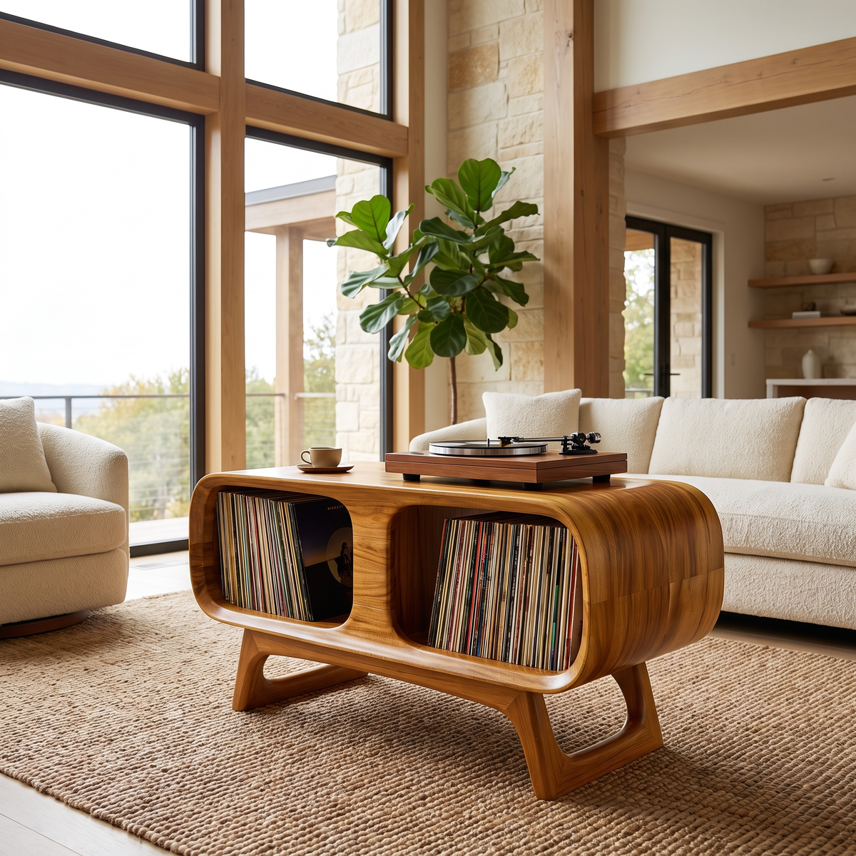 Caldova Sculpted Rounded Frame Handcrafted Record Player Stand With Storage Teak - Timberustic Record Player Stand With Storage