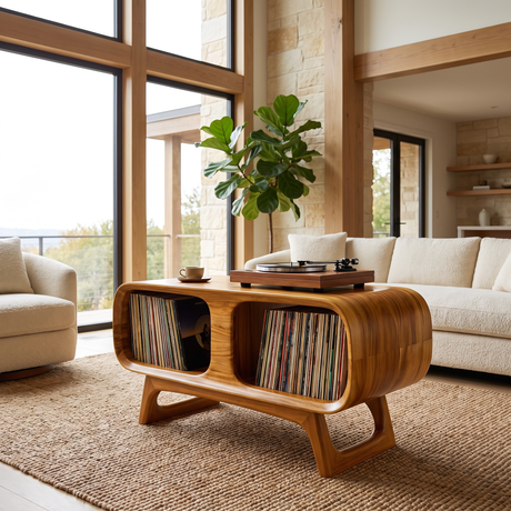 Caldova Sculpted Rounded Frame Handcrafted Record Player Stand With Storage Teak - Timberustic Record Player Stand With Storage