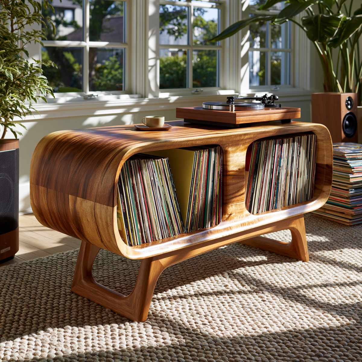 Caldova Sculpted Rounded Frame Handcrafted Record Player Stand With Storage - Timberustic Record Player Stand With Storage