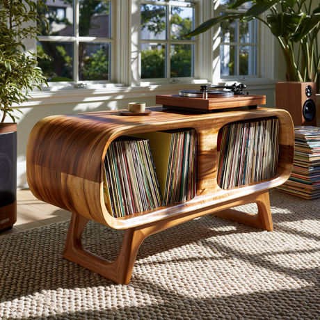 Caldova Sculpted Rounded Frame Handcrafted Record Player Stand With Storage - Timberustic Record Player Stand With Storage
