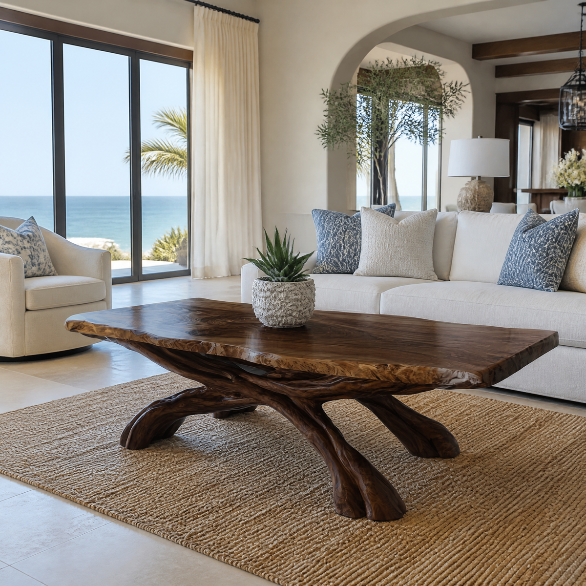 Caldrava Live Edge Sculpted Coffee Table by Timberustic — Dark Walnut finish