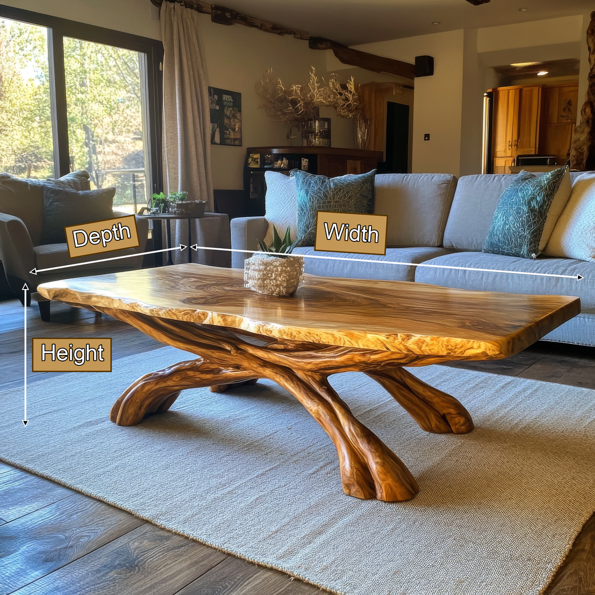 Caldrava Live Edge Sculpted Coffee Table by Timberustic — product dimensions