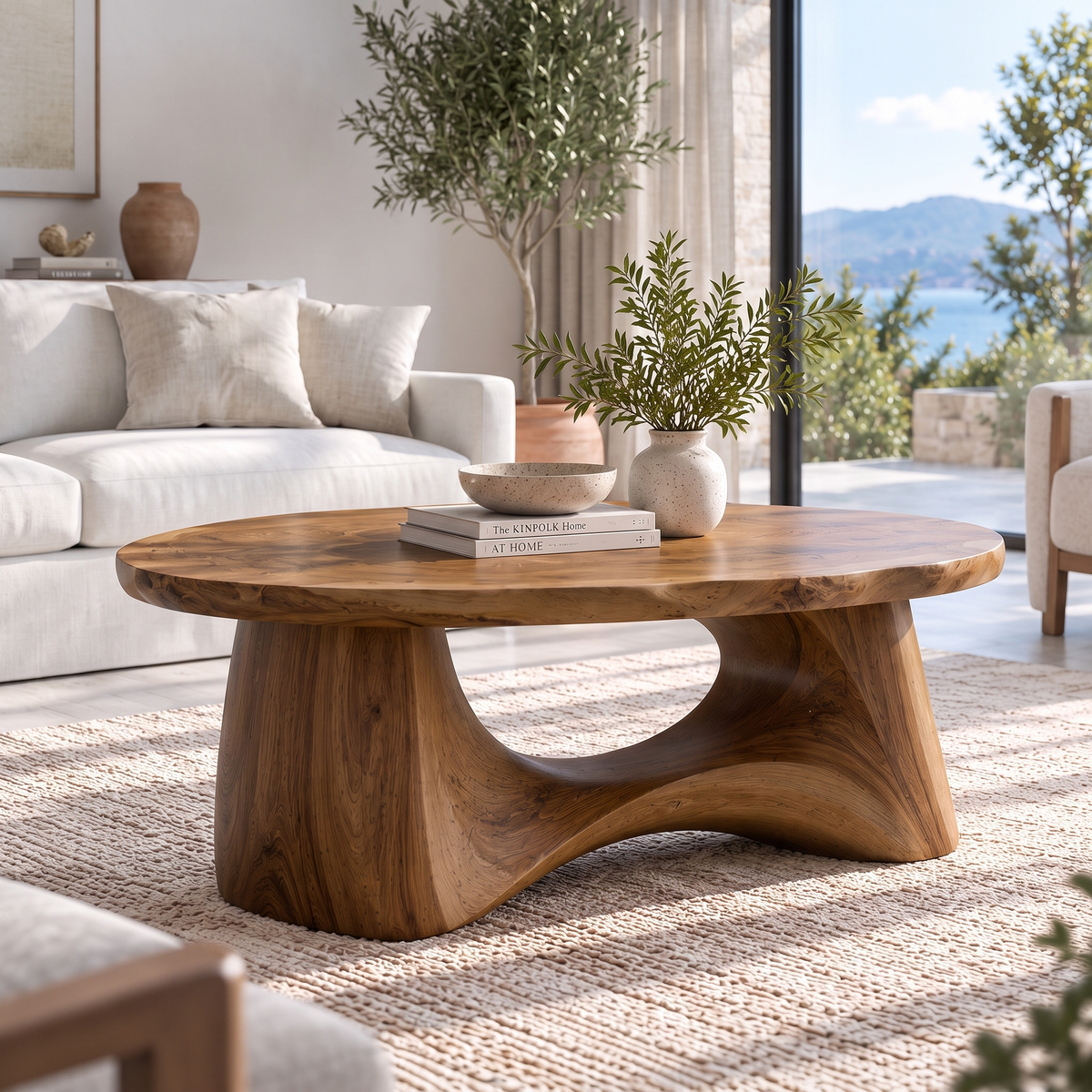 Calyven Oval-Top Sculpted Handcrafted Coffee Table by Timberustic — Brown finish