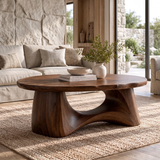 Calyven Oval-Top Sculpted Handcrafted Coffee Table by Timberustic — Dark Walnut finish