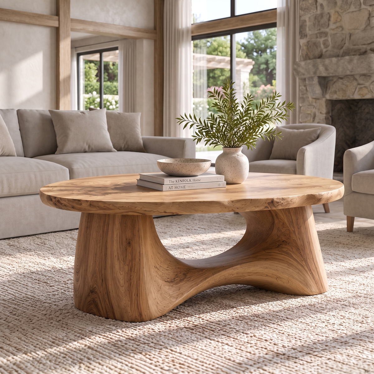 Calyven Oval-Top Sculpted Handcrafted Coffee Table by Timberustic — Natural Oak finish