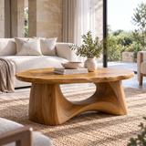 Calyven Oval-Top Sculpted Handcrafted Coffee Table by Timberustic — Teak finish
