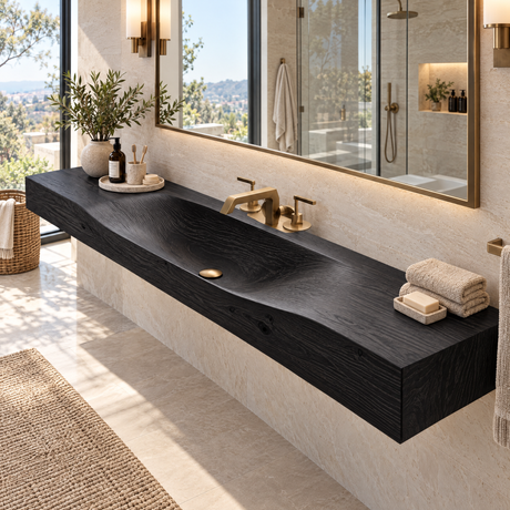 Caveren Sculpted Trough Handcrafted Floating Bathroom Vanity with Integrated Sink Black - Timberustic Floating Bathroom Vanity with Integrated Sink