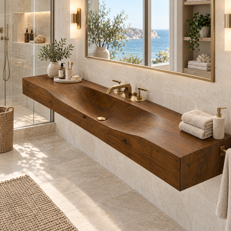 Caveren Sculpted Trough Handcrafted Floating Bathroom Vanity with Integrated Sink Brown - Timberustic Floating Bathroom Vanity with Integrated Sink
