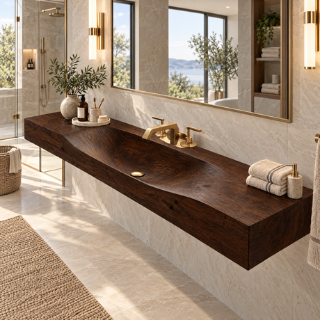 Caveren Sculpted Trough Handcrafted Floating Bathroom Vanity with Integrated Sink Dark Walnut - Timberustic Floating Bathroom Vanity with Integrated Sink