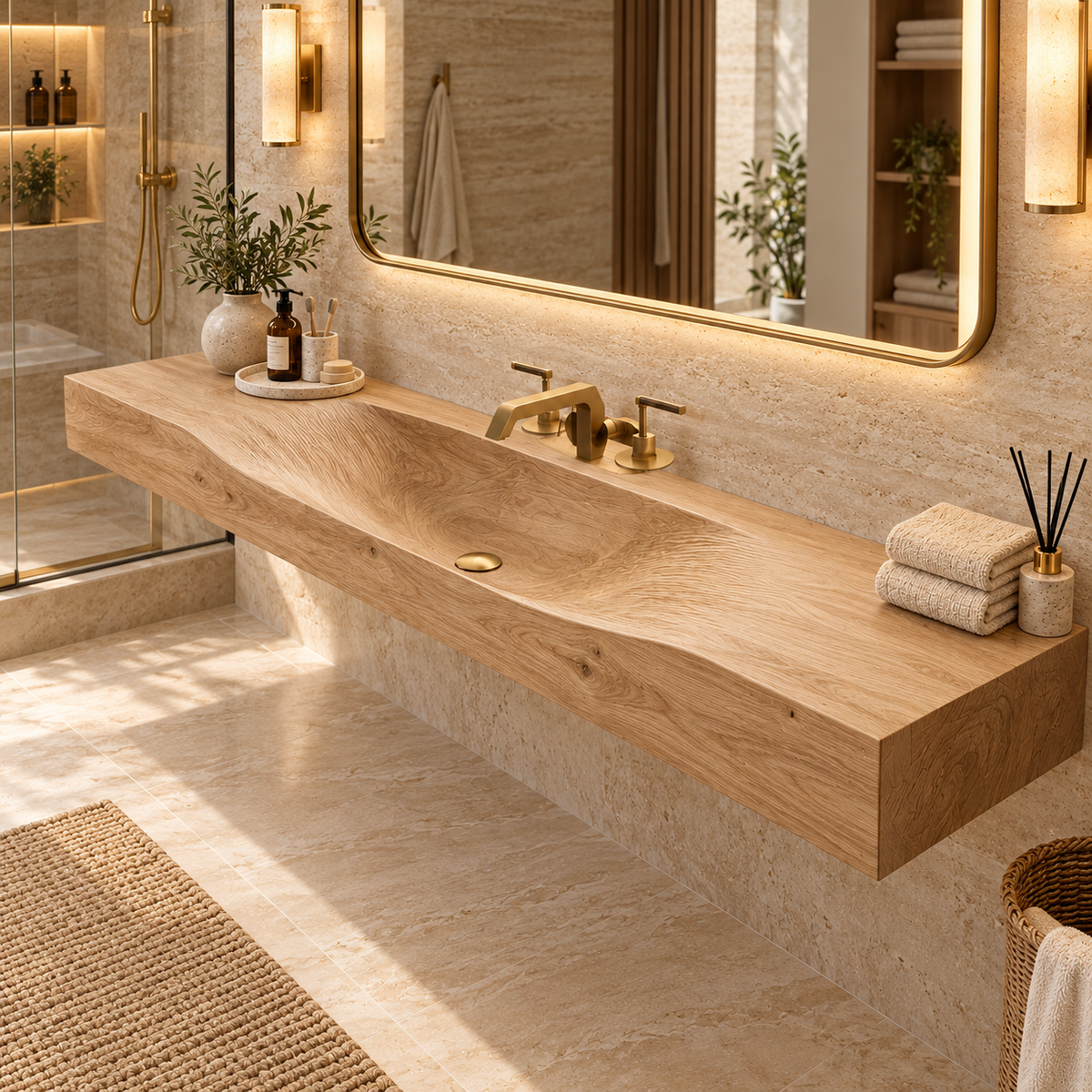 Caveren Sculpted Trough Handcrafted Floating Bathroom Vanity with Integrated Sink by Timberustic — Natural Oak finish