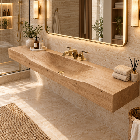 Caveren Sculpted Trough Handcrafted Floating Bathroom Vanity with Integrated Sink Natural Oak - Timberustic Floating Bathroom Vanity with Integrated Sink