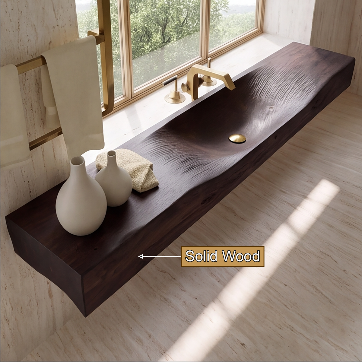 Caveren Sculpted Trough Handcrafted Floating Bathroom Vanity with Integrated Sink by Timberustic — solid wood detail