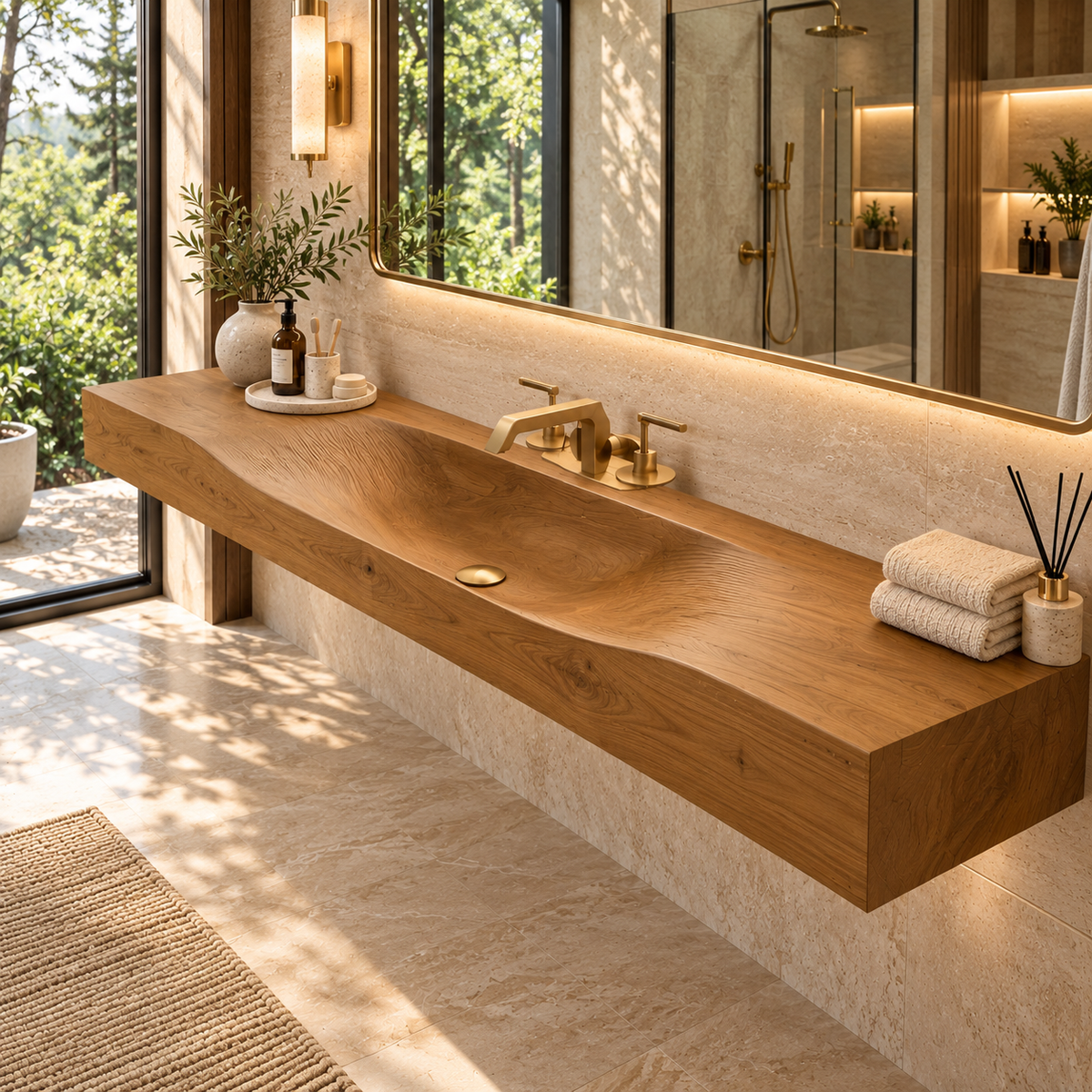 Caveren Sculpted Trough Handcrafted Floating Bathroom Vanity with Integrated Sink by Timberustic — Teak finish