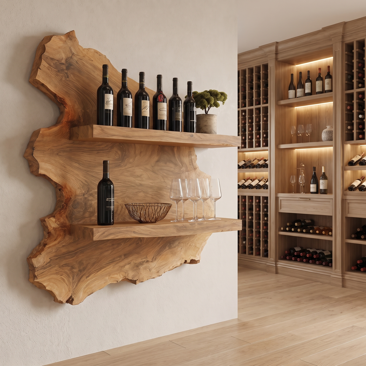 Cavoren Live Edge Handcrafted Floating Wine Shelf by Timberustic — Natural Oak finish
