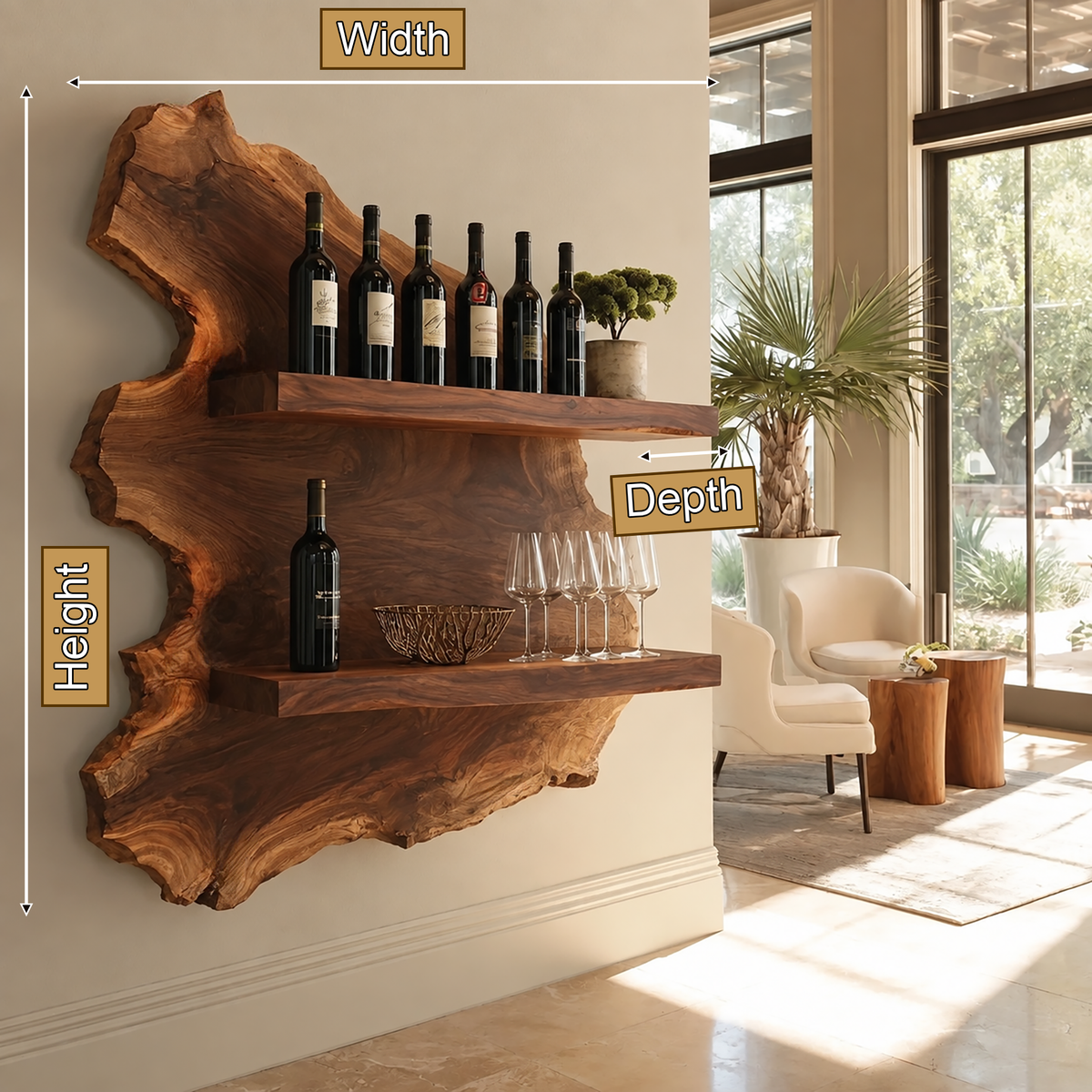 Cavoren Live Edge Handcrafted Floating Wine Shelf by Timberustic — product dimensions