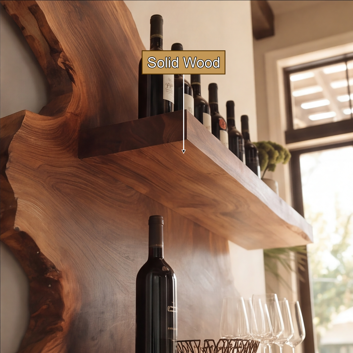 Cavoren Live Edge Handcrafted Floating Wine Shelf by Timberustic — solid wood detail