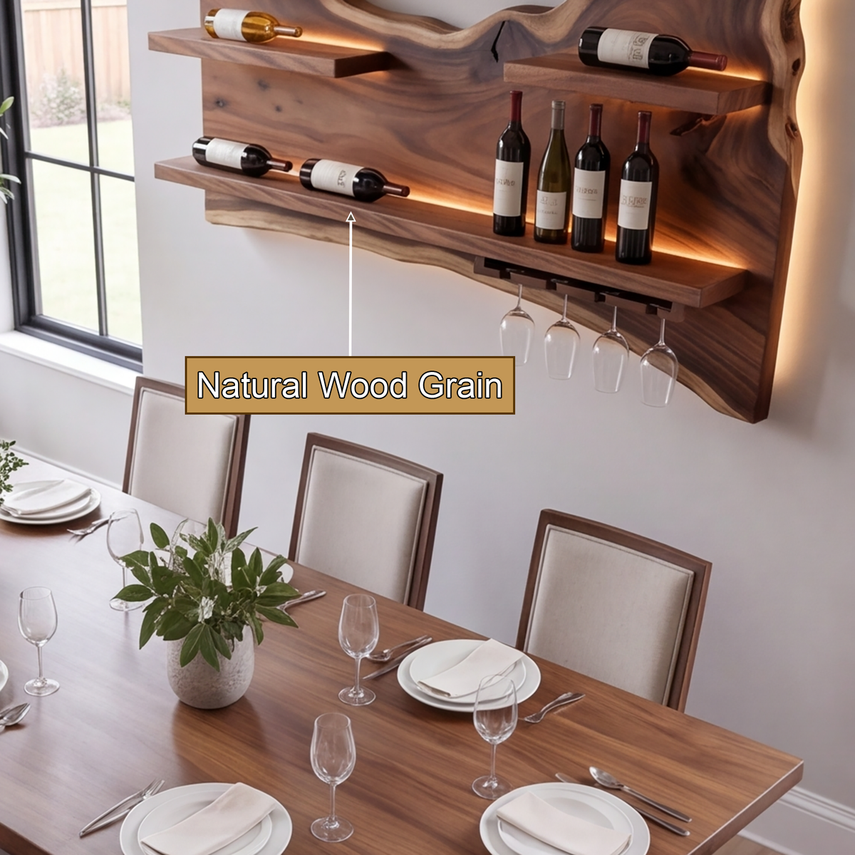 Cendralis Live Edge Handcrafted Floating Wine Shelf by Timberustic — natural wood grain detail