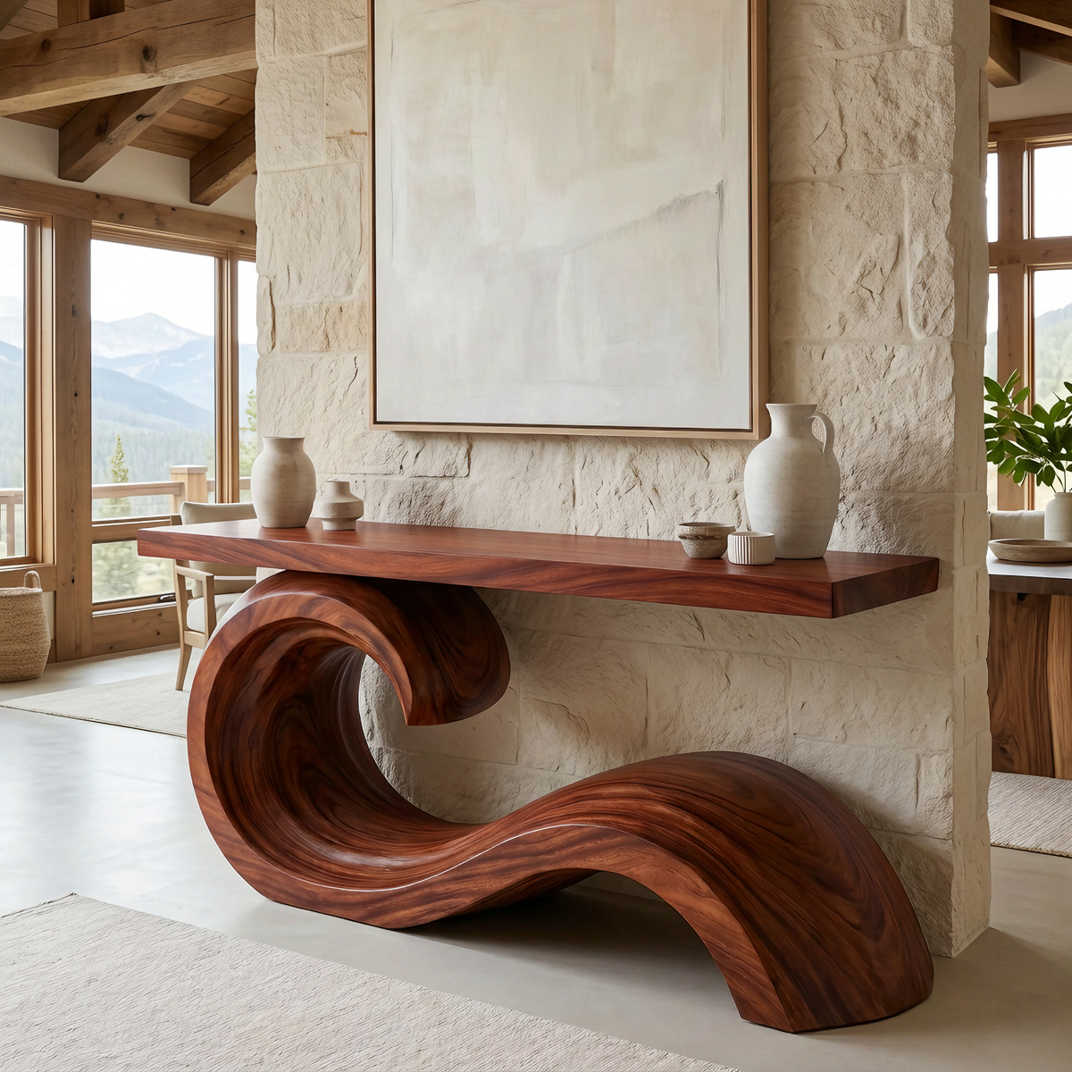 Corvella Sculpted Wave Handcrafted Console Table by Timberustic — Mahogany finish