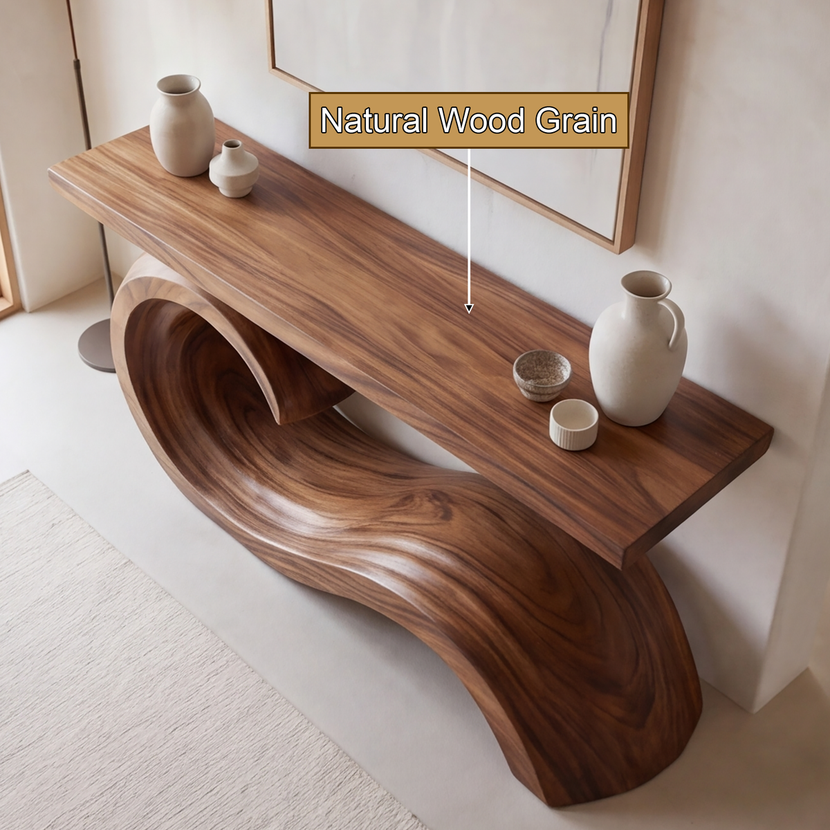 Corvella Sculpted Wave Handcrafted Console Table by Timberustic — natural wood grain detail