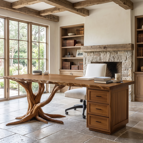Dendrava Tree Base Sculpted Handcrafted Desk With Drawers Brown - Timberustic Desk With Drawers