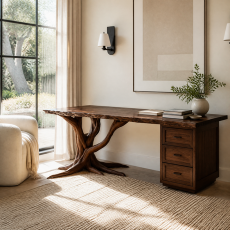 Dendrava Tree Base Sculpted Handcrafted Desk With Drawers Dark Walnut - Timberustic Desk With Drawers