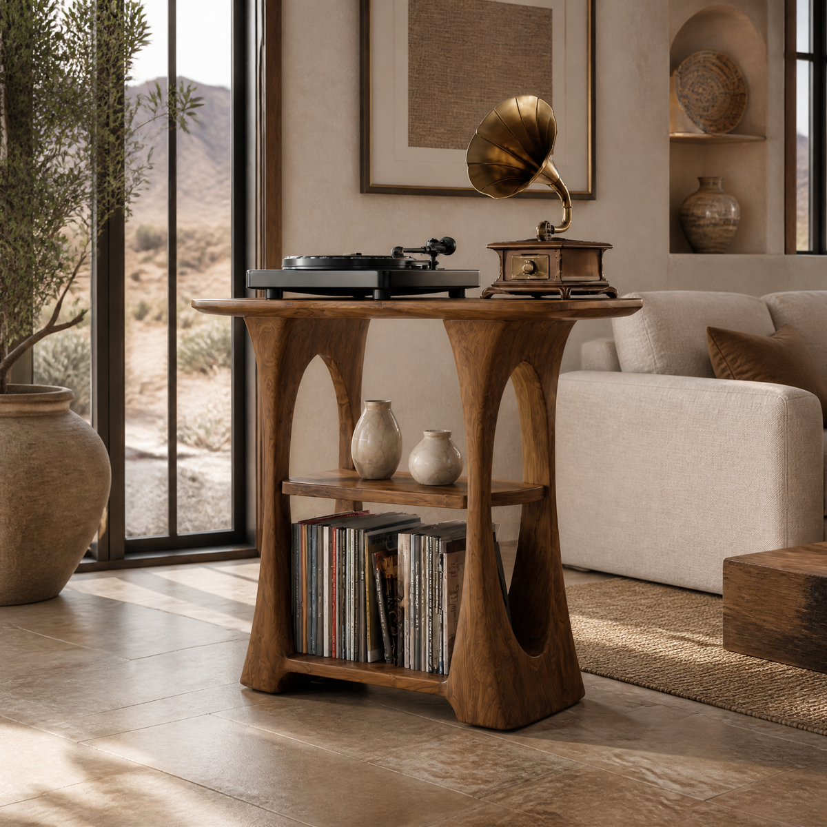 Elarvo Arched Sculpted Handcrafted Record Player Stand With Storage Brown - Timberustic Record Player Stand With Storage