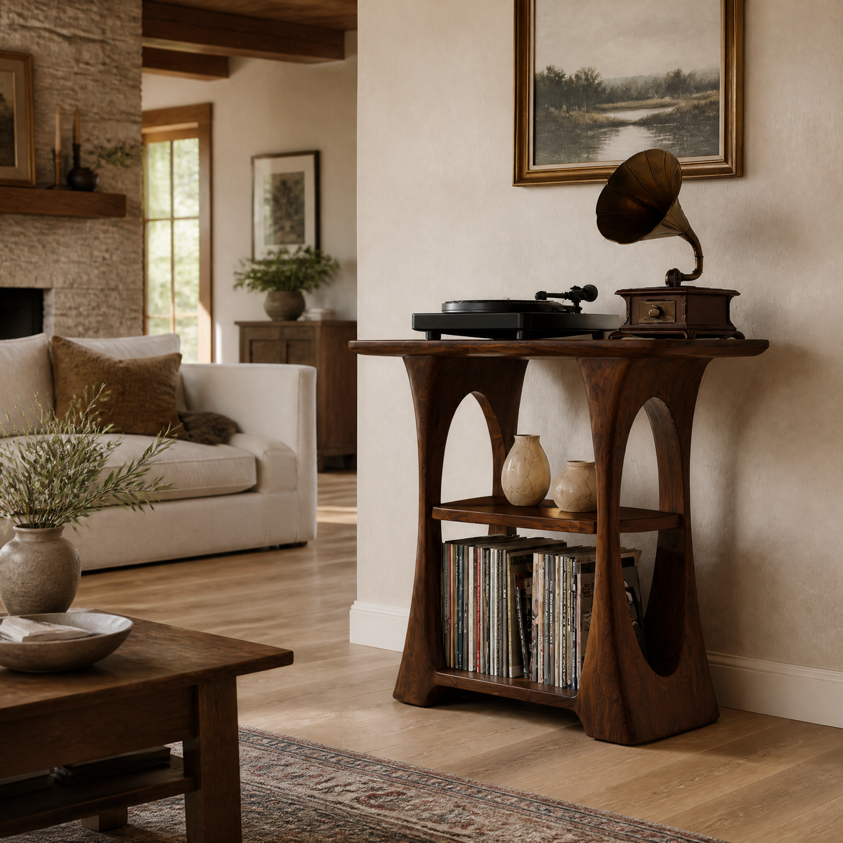 Elarvo Arched Sculpted Handcrafted Record Player Stand With Storage Dark Walnut - Timberustic Record Player Stand With Storage