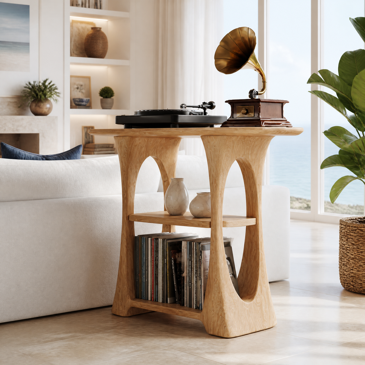 Elarvo Arched Sculpted Handcrafted Record Player Stand With Storage Natural Oak - Timberustic Record Player Stand With Storage