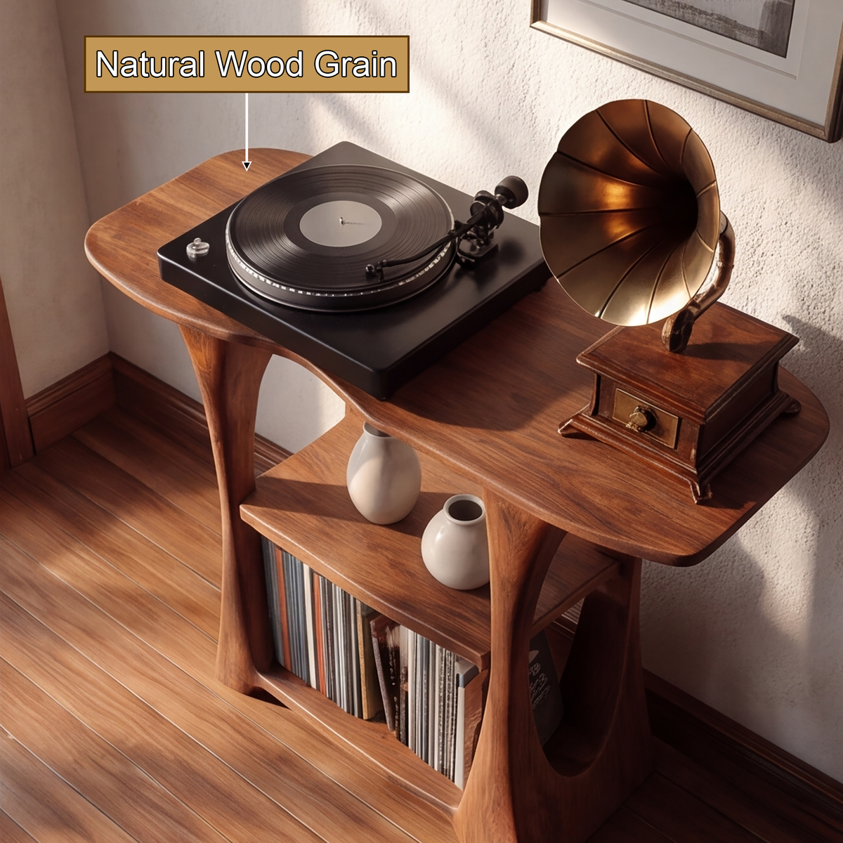 Elarvo Arched Sculpted Handcrafted Record Player Stand With Storage - Timberustic Record Player Stand With Storage
