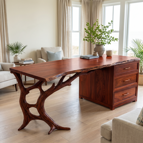 Eldervane Live Edge Branch Base Handcrafted Desk with Drawers Mahogany - Timberustic Desk With Drawers