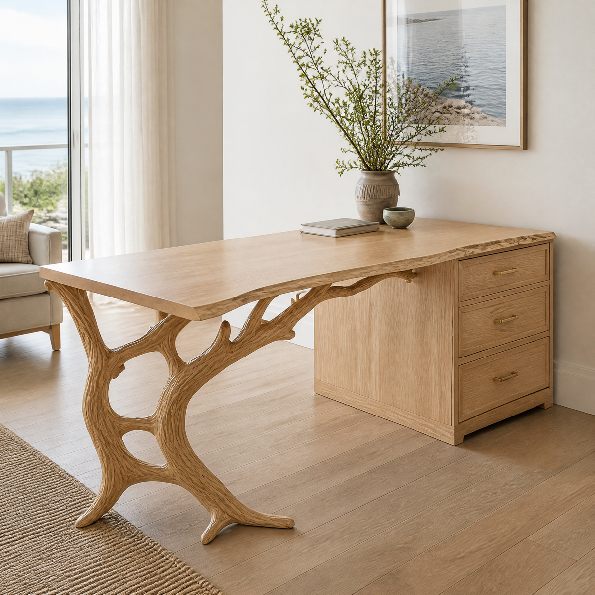 Eldervane Live Edge Branch Base Handcrafted Desk with Drawers Natural Oak - Timberustic Desk With Drawers