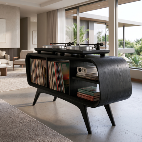 Ellivane Wraparound Frame Handcrafted Record Player Stand With Storage Black - Timberustic Record Player Stand With Storage