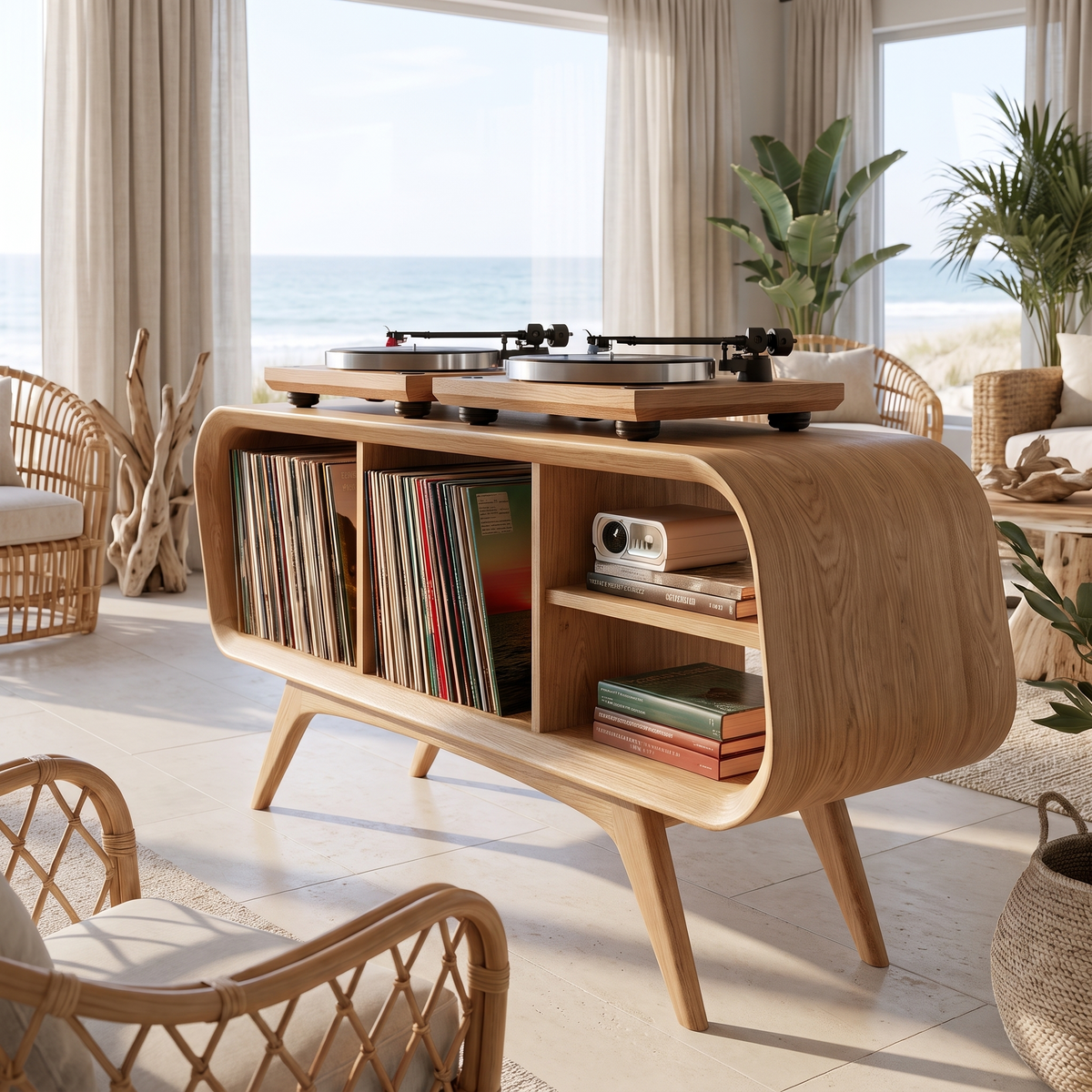 Ellivane Wraparound Frame Handcrafted Record Player Stand With Storage Natural Oak - Timberustic Record Player Stand With Storage