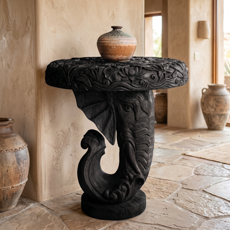 Elovara Sculpted Elephant Handcrafted Pedestal Stand Black - Timberustic Pedestal Stand