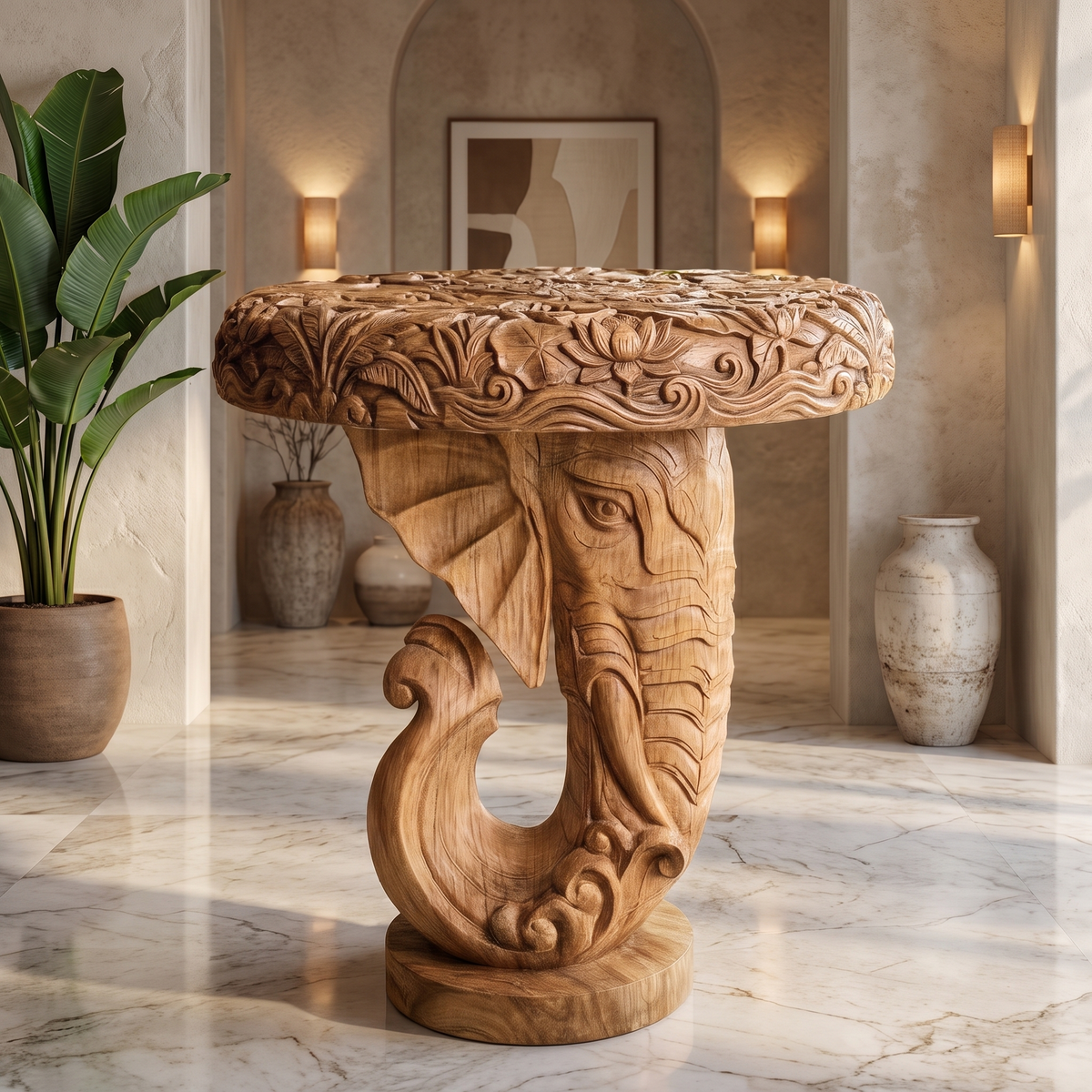 Elovara Sculpted Elephant Handcrafted Pedestal Stand Natural Oak - Timberustic Pedestal Stand