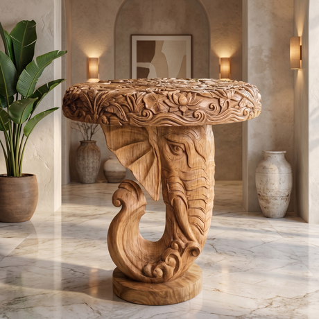 Elovara Sculpted Elephant Handcrafted Pedestal Stand Natural Oak - Timberustic Pedestal Stand