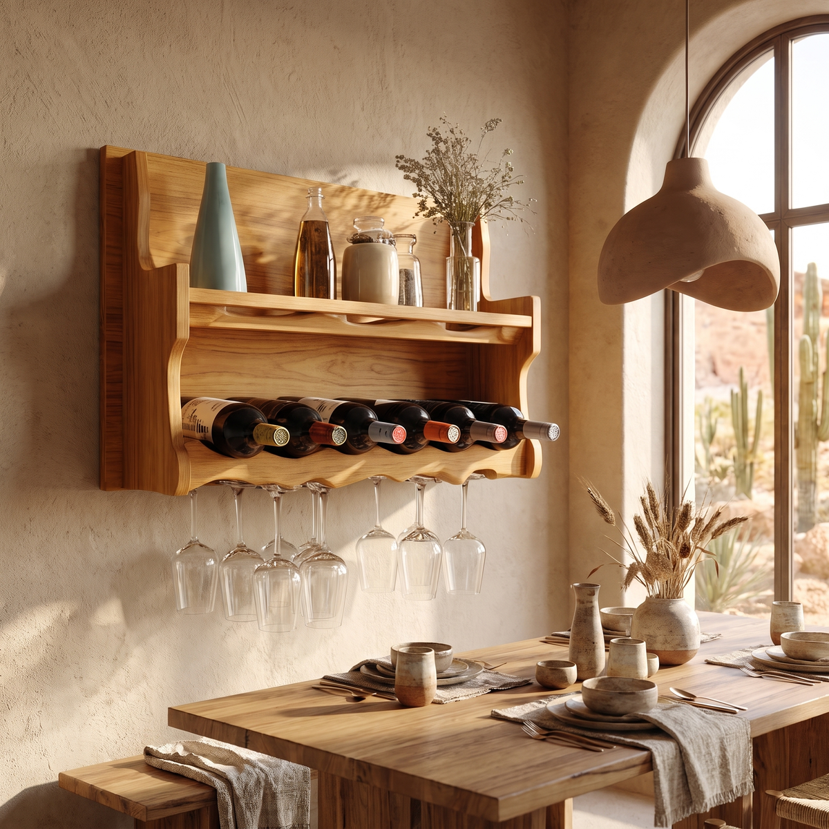 Elvarin Handcrafted Floating Wine Shelf by Timberustic — Teak finish