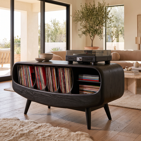 Elvarro Rounded Profile Handcrafted Record Player Stand With Storage Black - Timberustic Record Player Stand With Storage