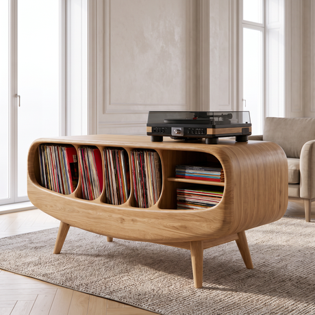 Elvarro Rounded Profile Handcrafted Record Player Stand With Storage Natural Oak - Timberustic Record Player Stand With Storage