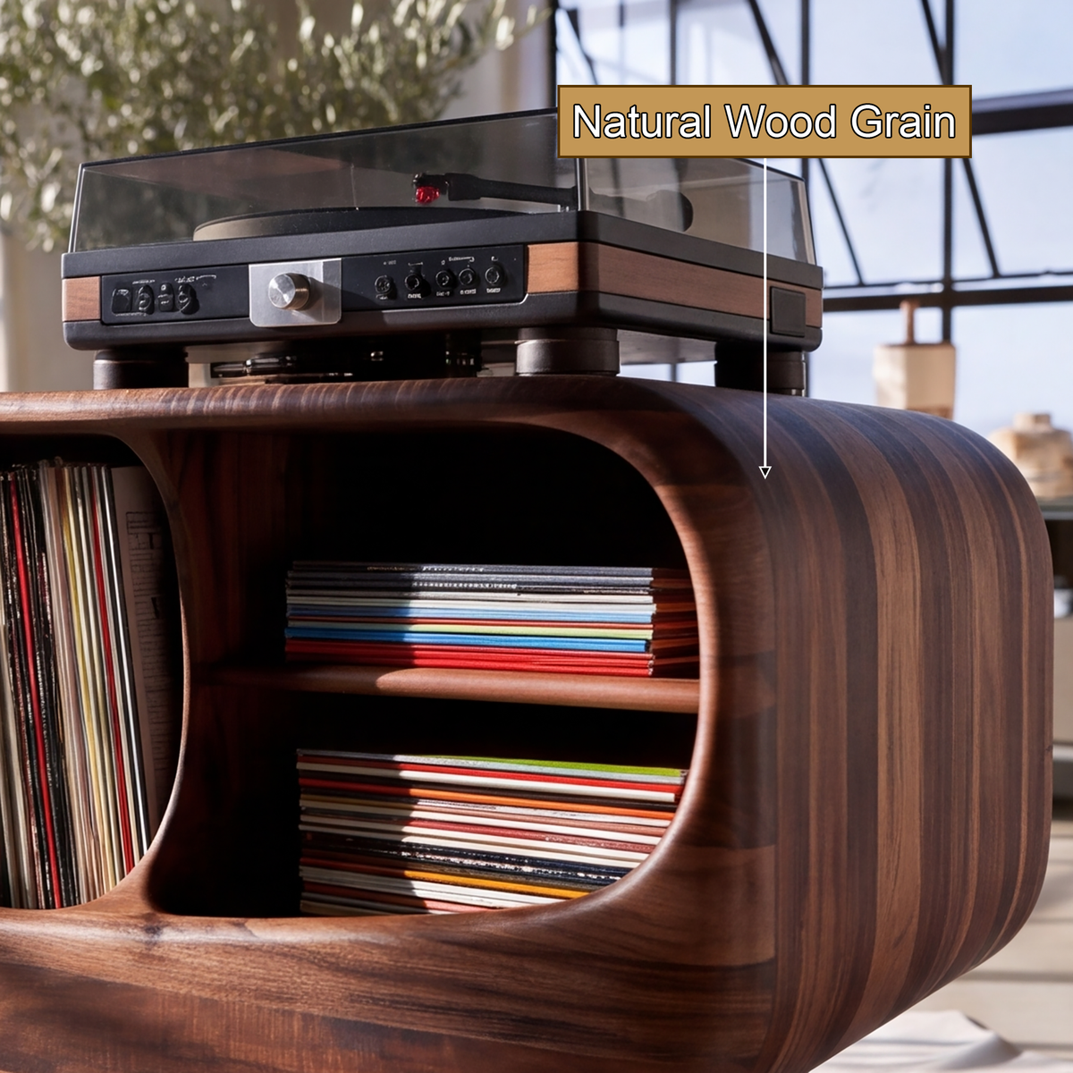 Elvarro Rounded Profile Handcrafted Record Player Stand With Storage - Timberustic Record Player Stand With Storage