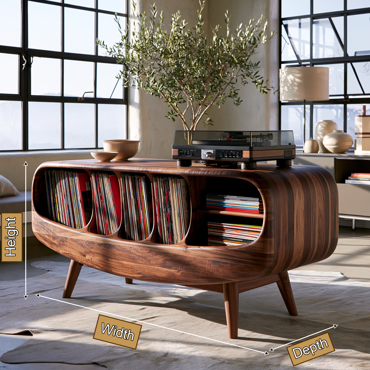 Elvarro Rounded Profile Handcrafted Record Player Stand With Storage - Timberustic Record Player Stand With Storage