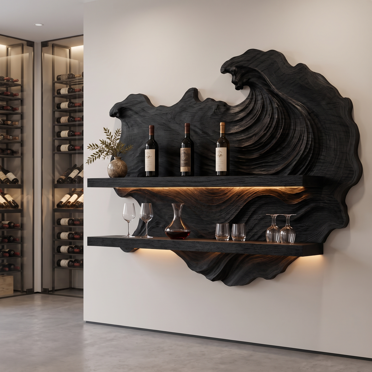 Marevyn Wave-Relief Handcrafted Floating Wine Shelf by Timberustic — Black finish