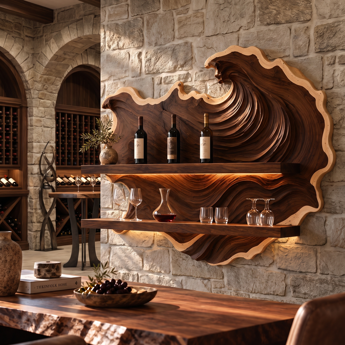 Marevyn Wave-Relief Handcrafted Floating Wine Shelf by Timberustic — Dark Walnut finish
