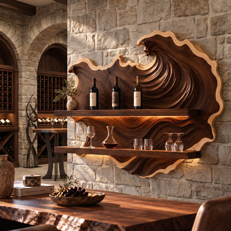 Marevyn Wave-Relief Handcrafted Floating Wine Shelf Dark Walnut - Timberustic Floating Wine Shelf